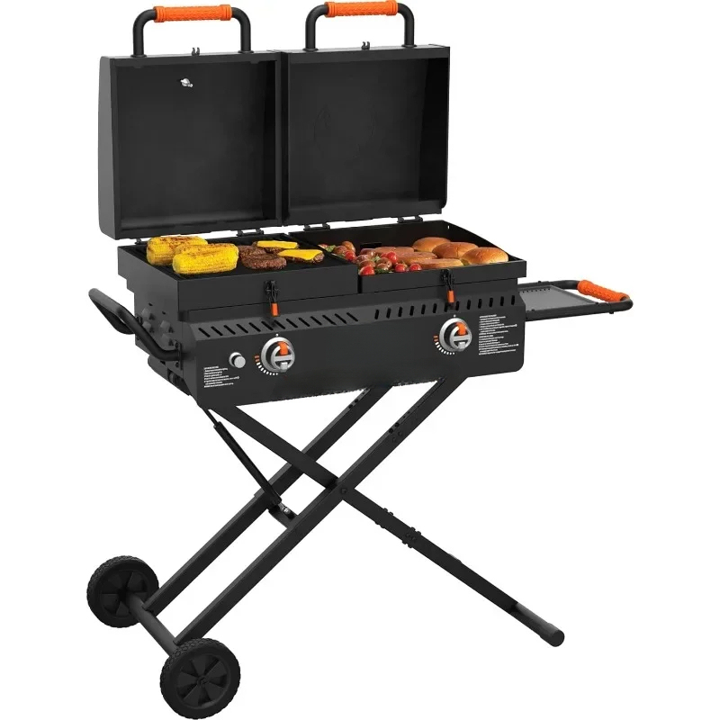 Electric Griddle Flat Top - ポータブルヘビーデューティーフラットトップBBQグリドルグリルステーション – 回転式ホイール付き、折りたたみ式、フード付き、サイドシェルフ、家庭用キッチン向け