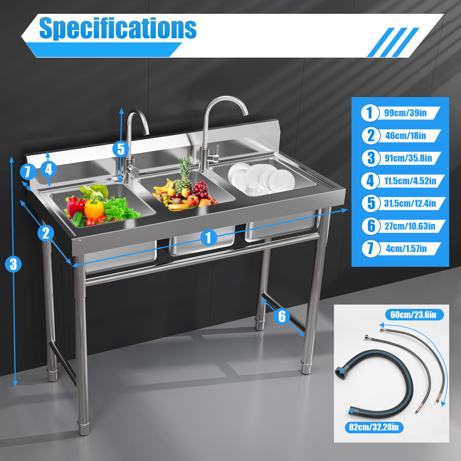 Commercial Kitchen Taps - 304ステンレス鋼製3槽キッチンシンク シルバー モダン 2つの回転式蛇口 PVC製 食器洗い