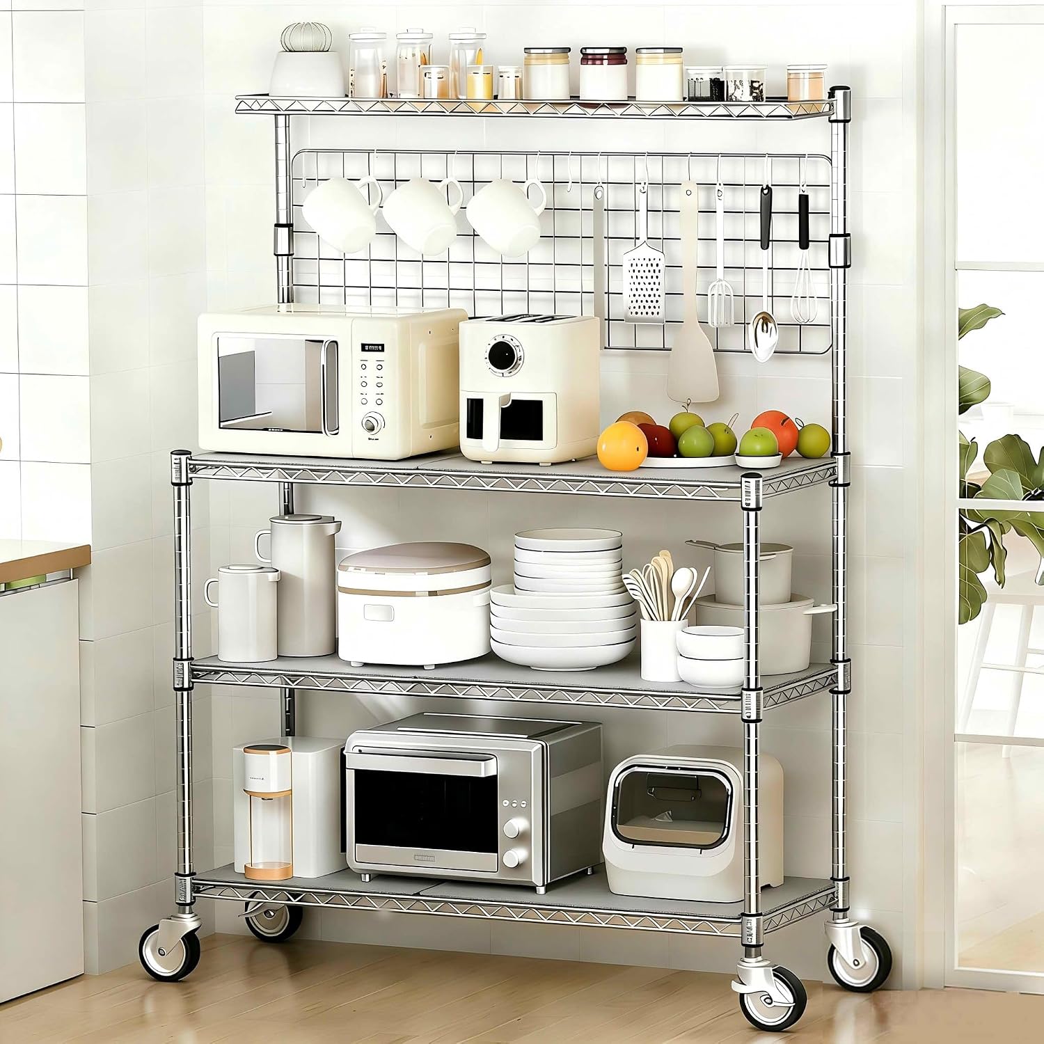 Commercial Kitchen Microwave - ベーカーズラックディスプレイスタンド収納棚トロリー業務用金属製ユーティリティキッチンカートローリング電子レンジスタンドオーガナイザーラックS字フック付き家庭用レストランパントリー用、クローム