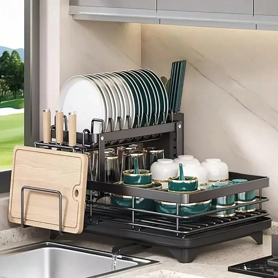 Commercial Kitchen Knife Holder - この二層構造の大型金属と炭素鋼製のカトラリーラックは、キッチンのカウンタートップに最適です。 省スペースで耐久性があり、ナイフ、フォーク、カップホルダー、そして水切り器が付いています。 錆びにくい設計で、キッチンをより整理整頓できます。