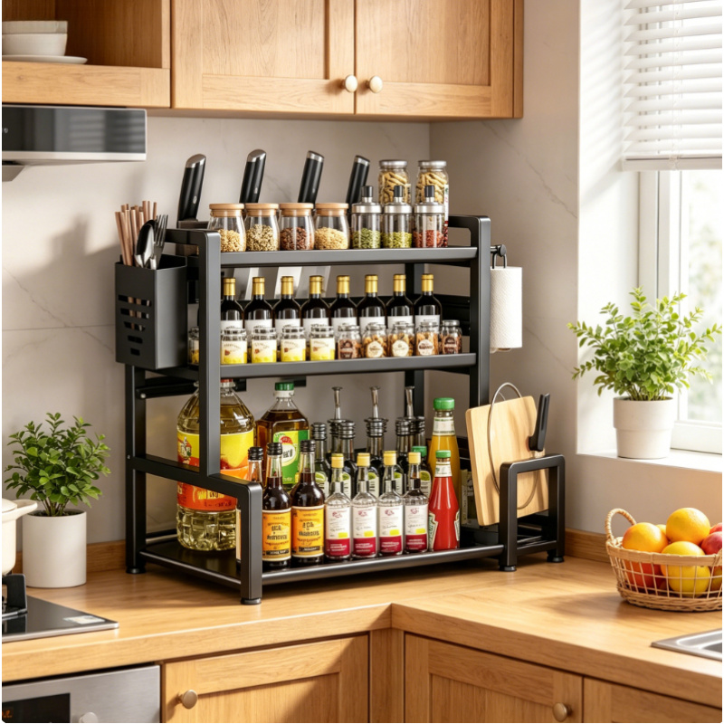 Commercial Kitchen Knife Holder - キッチンスパイスラックオーガナイザー、3段調節可能な金属製収納棚、ナイフホルダーフック付き、ブラック