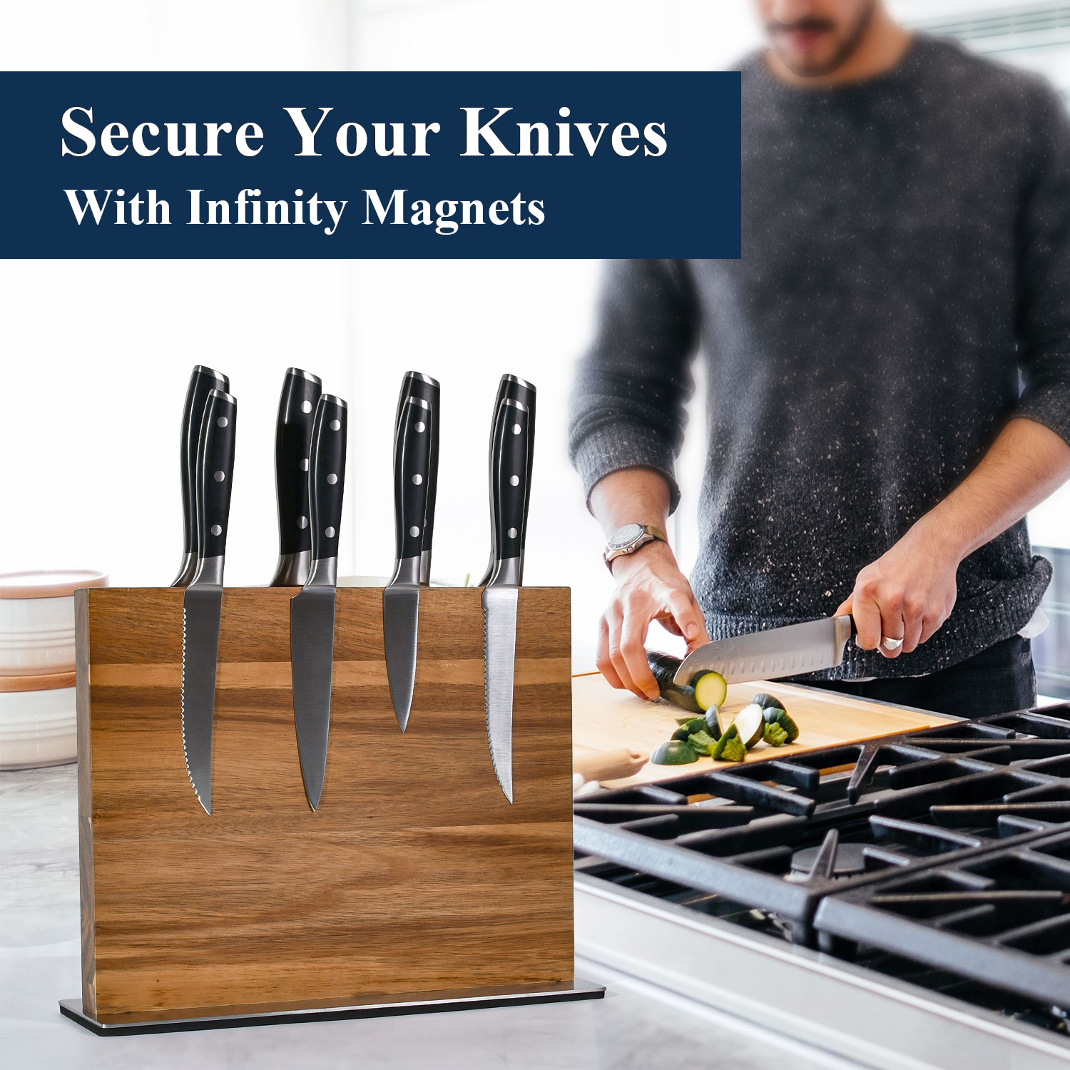 Commercial Kitchen Knife Holder - 高品質磁気ナイフブロック強力な両面アカシア材磁気ナイフホルダー、簡単にアクセスできる包丁の保管用