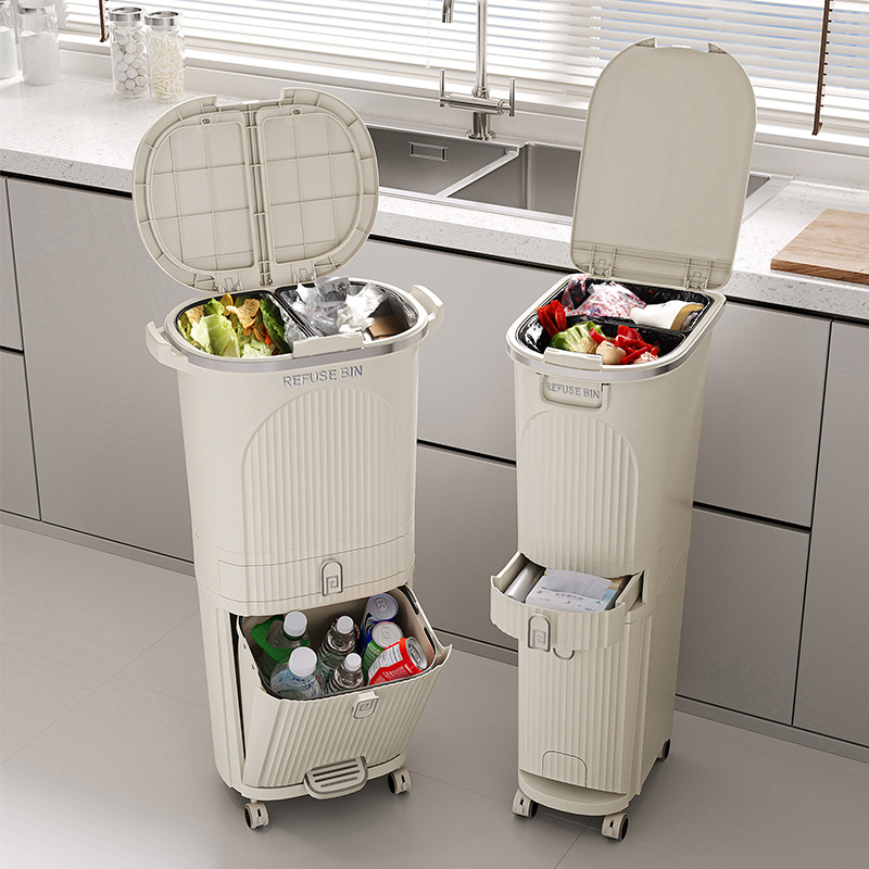 Commercial Kitchen Trash Can - ‌ ステップペダルキッチンビン - 防臭デュアルコンパートメント廃棄物リサイクル、コンパクトなホームオフィススペースにスリムフィット