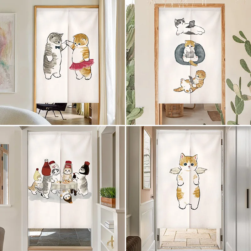 Commercial Kitchen Canopy - 面白い猫柄の日本風ドアカーテン、ノレン、かわいいドレープ、リビングルーム、レストラン、出入り口、仕切り、キッチン、玄関用のハーフカーテン