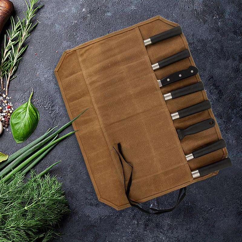 Commercial Kitchen Knife Holder - ワックスキャンバス製シェフナイフロール、複数の収納スロット、耐久性のある構造、ナイフバッグ、ポータブルキッチンナイフホルダー、アウトドアキャンプ用