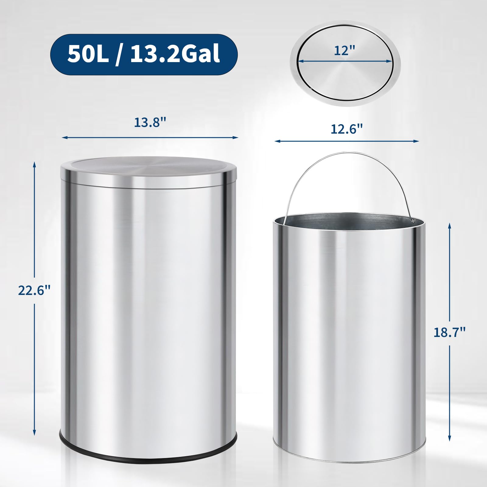 Commercial Kitchen Garbage Can - 13ガロン丸型ゴミ箱、ステンレス製スイングトップ式ゴミ箱、ソフトクローズフリップ蓋と取り外し可能なインナーバケット付き、50リットル大型業務用ゴミ箱（キッチン、オフィス、ホテル用）
