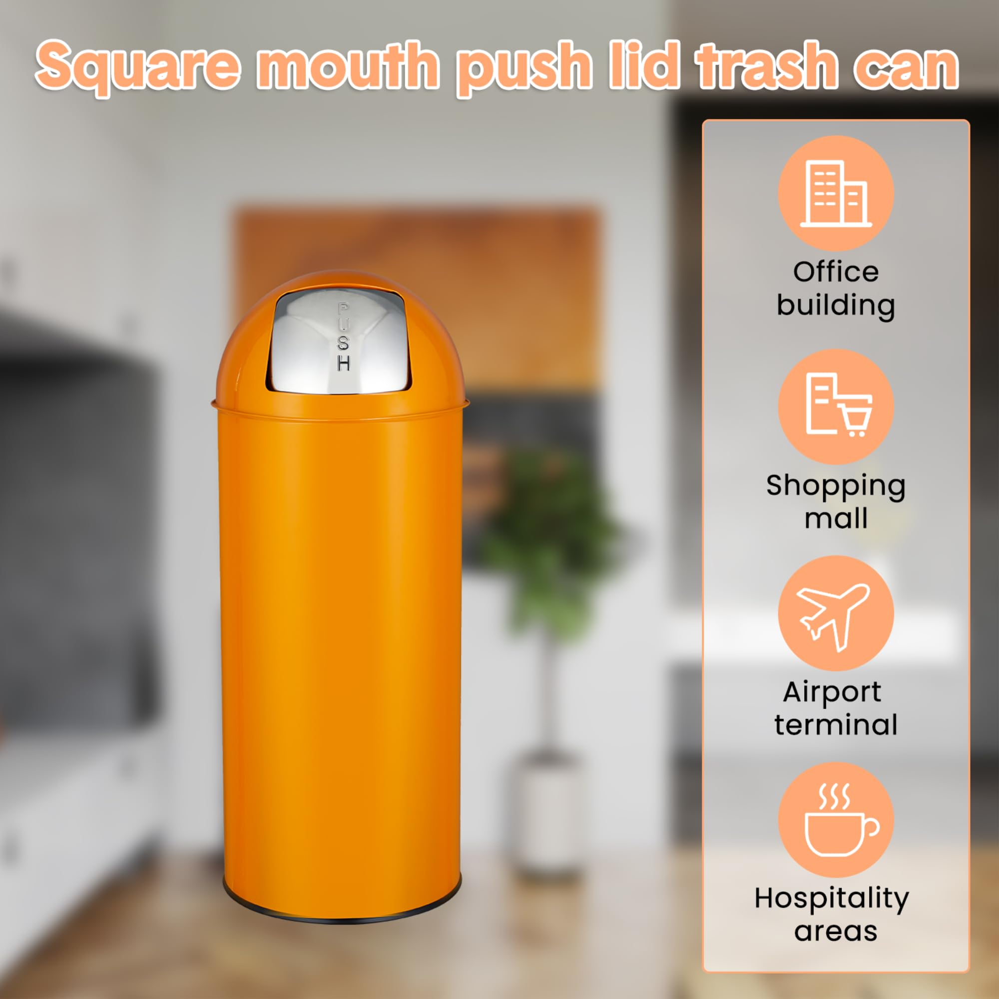 Commercial Kitchen Garbage Can - 65リットルプッシュ蓋式ゴミ箱、17ガロンつや消しステンレス製ゴミ箱（取り外し可能なインナーバケット付き）、業務用背高リサイクルビン（キッチン、レストラン、トイレ用）、オレンジ色