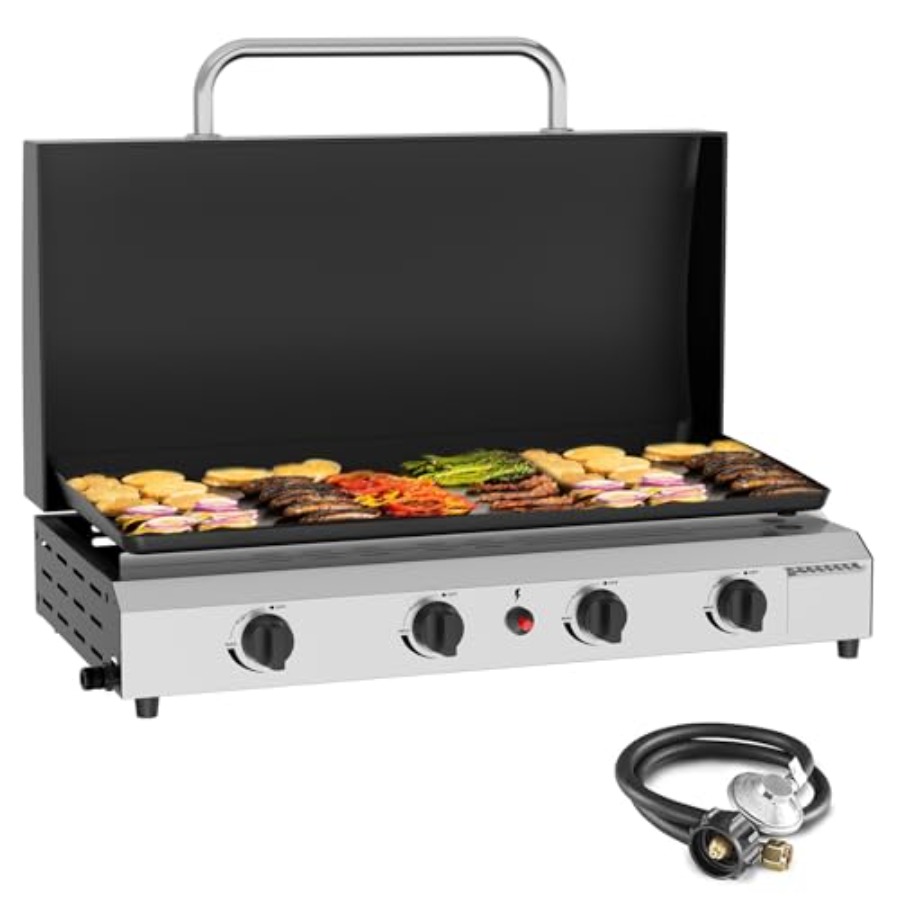 Electric Griddle Flat Top - 4バーナーガスグリドル（蓋付き）-30インチ屋外プロパングリドル-60000 BTUプロパン燃料式ポータブルフラットトップガスグリルキャンプグリル