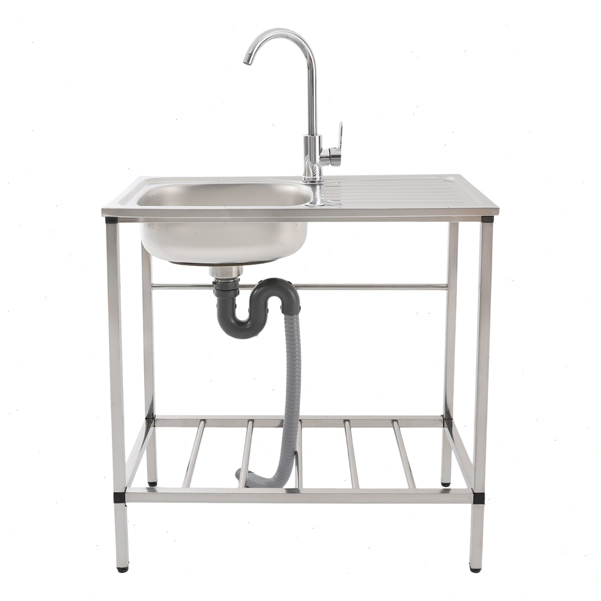 Commercial Kitchen Taps - ユーティリティシンク、キッチンシンク、屋外/屋内シンク、ステンレス製シングルボウル自立式ステーション（温水/冷水蛇口、ホース接続、収納棚付き）、ガレージ、ランドリールーム、レストラン用