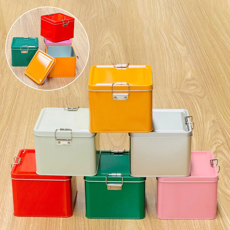 Commercial Kitchen Utensil Organizer - 正方形ブリキ製クッキー缶蓋付き防塵家庭用キッチンデスクトップ収納缶耐久性のあるバックル付き鉄製ボックス