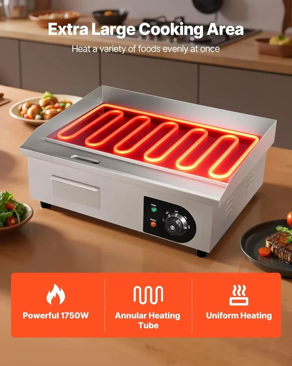 Electric Griddle Flat Top - 売れ筋業務用電気グリドル1750W、21x11.8インチステンレス鋼フラットトップグリル、温度調節機能付き
