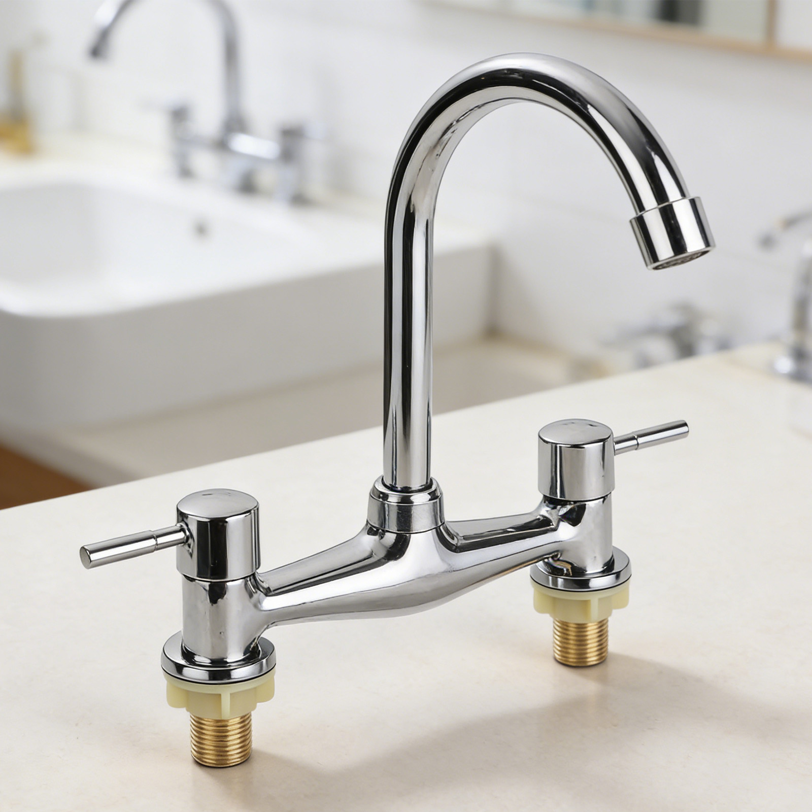 Commercial Kitchen Taps - モダンなダブルレバークロームキッチンシンク温冷混合水栓2穴デッキモダン洗面台蛇口