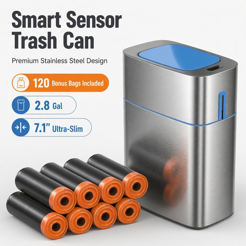 Commercial Kitchen Trash Can - Joybosプレミアムステンレス製スマートゴミ箱、2.8ガロンタッチレスモーションセンサー付き蓋付きゴミ箱、指紋防止スリムゴミ容器、高級バスルーム＆キッチン用、120枚の巾着袋（8ロール）付き
