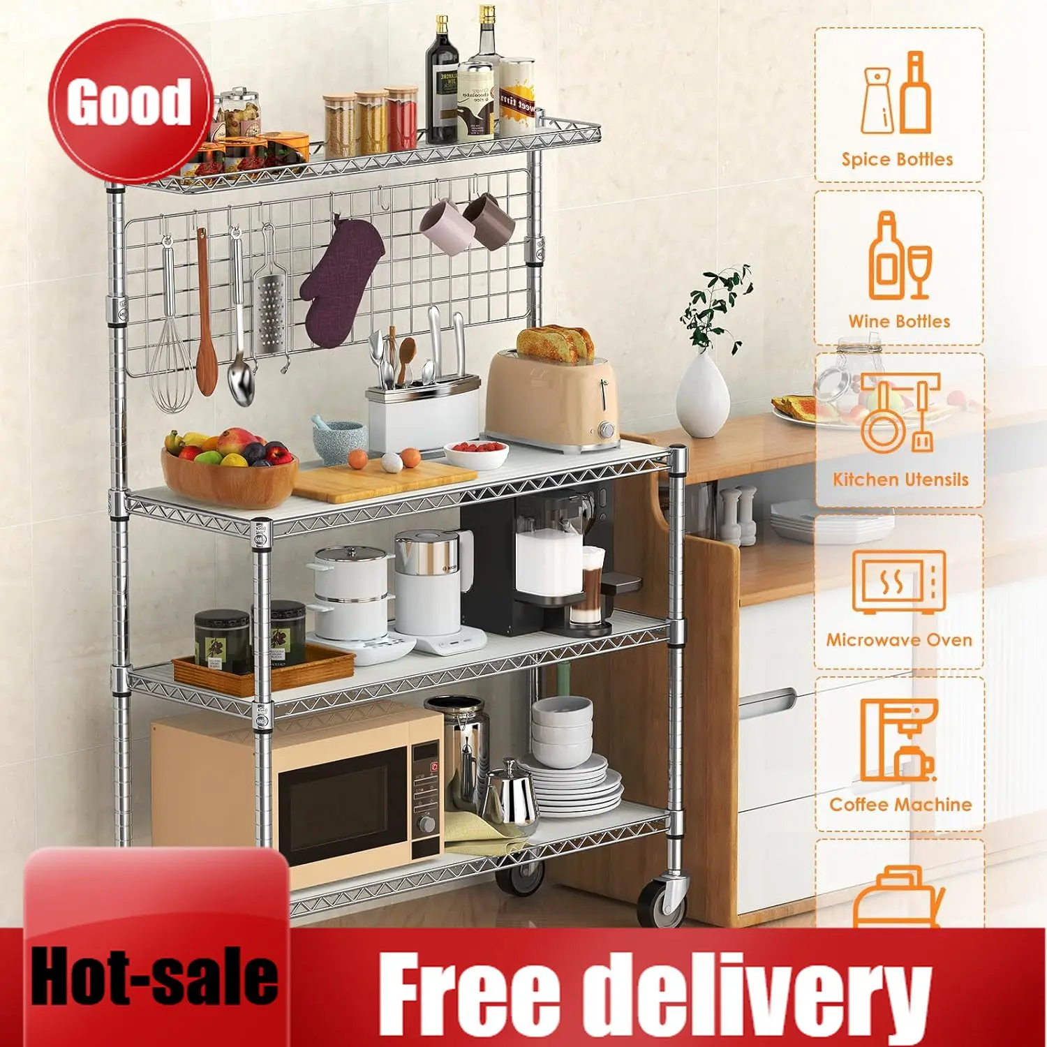 Commercial Kitchen Microwave - アクティビティ価格42インチ電子レンジスタンドキッチン棚、4段式頑丈収納ラック（S字フック20個付き）、業務用金属製ユーティリティラック