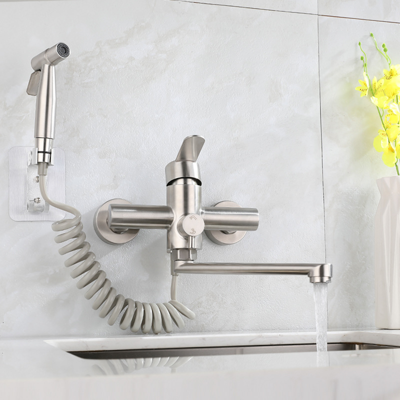 Commercial Kitchen Taps - スプレーセンター付き壁掛け式キッチン蛇口,つや消しニッケル,360度回転スパウト,レストランミキサー,商用