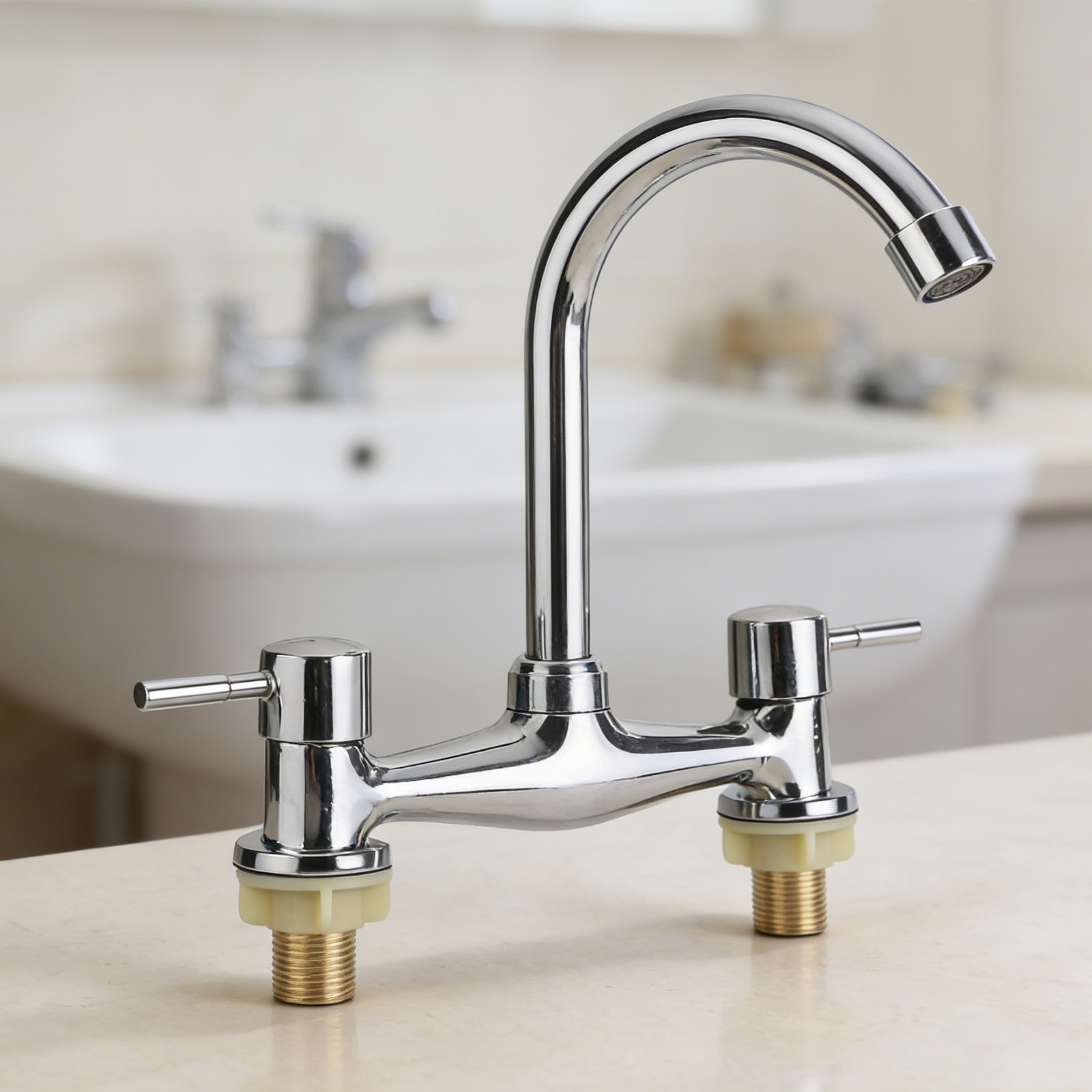 モダンなダブルレバークロームキッチンシンク温冷混合水栓2穴デ - Commercial Kitchen Taps のレビューと価格