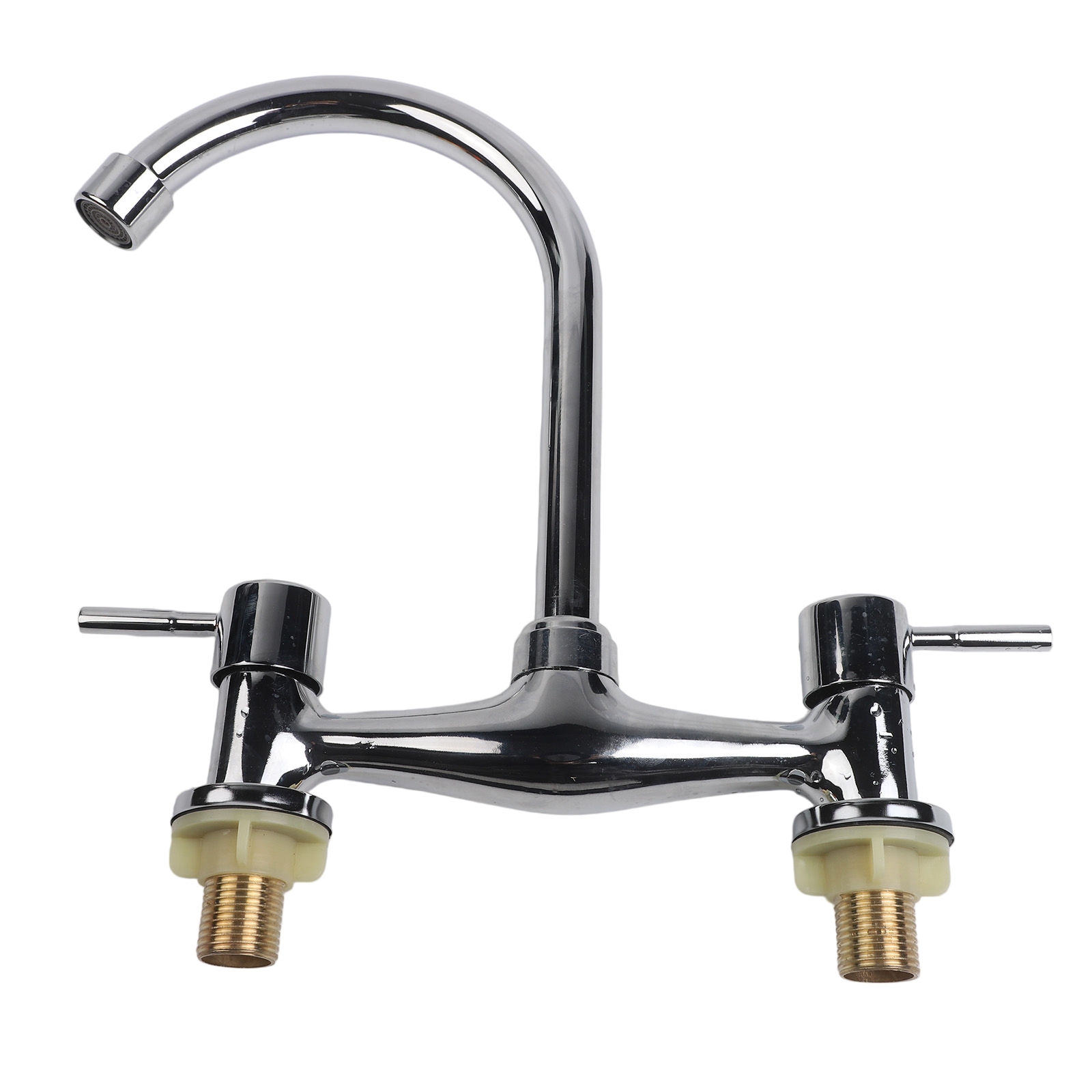モダンなダブルレバークロームキッチンシンク温冷混合水栓2穴デ - Commercial Kitchen Taps のレビューと価格